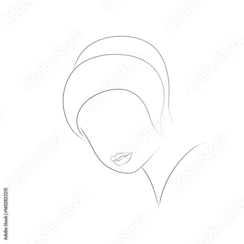 Vector female head in a minimalist style. Contour of the face of a girl in a headdress.  Elegant silhouette of a woman's face. Line drawing of a woman's head for beauty industry, logo, cosmetics