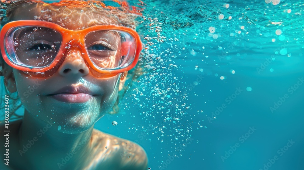 Naklejka premium Smiling girl with goggles under water