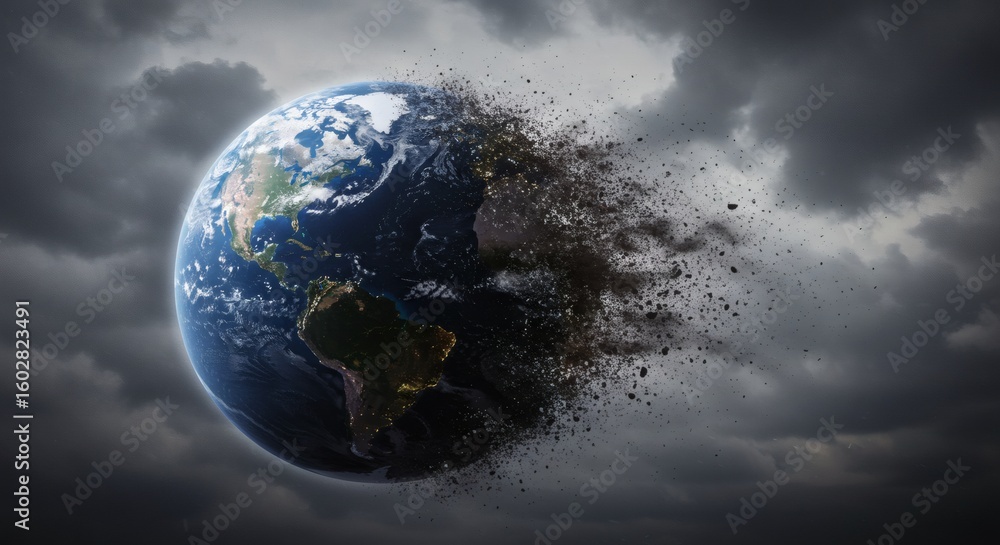 Fototapeta premium Earth Shattered Planets Destruction Amidst Stormy Skies with Environmental Collapse.