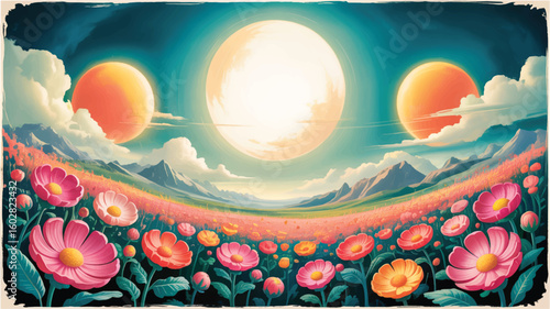 A surreal digital art composition featuring a mountainous landscape with a large white sun in the center of a teal-colored sky.  
