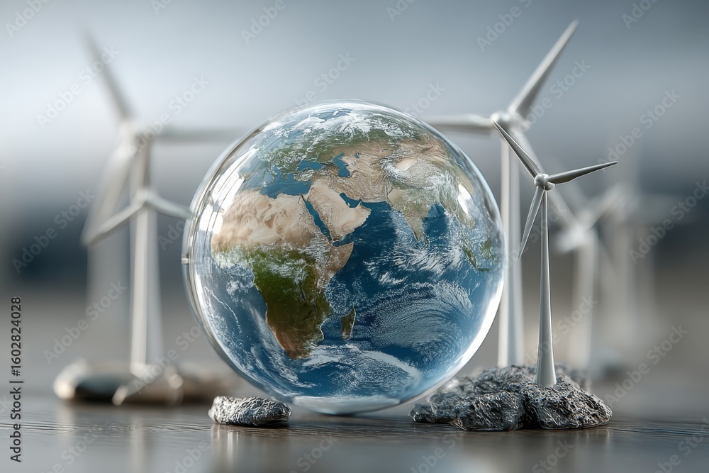 Naklejka premium Sustainable global power represented by a glass globe surrounded by wind turbines and solar panels.