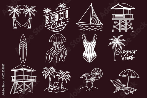 Collection of summer beach vacation icons featuring surfboard umbrella palm trees and watch