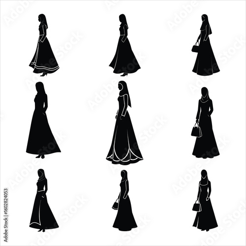 Collection of modern muslim woman silhouettes in elegant abayas