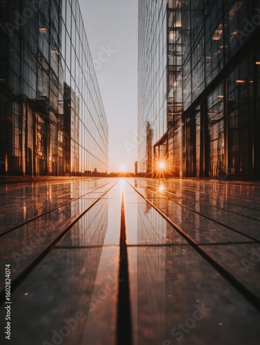 Sunset reflections on a city street between modern glass buildings.