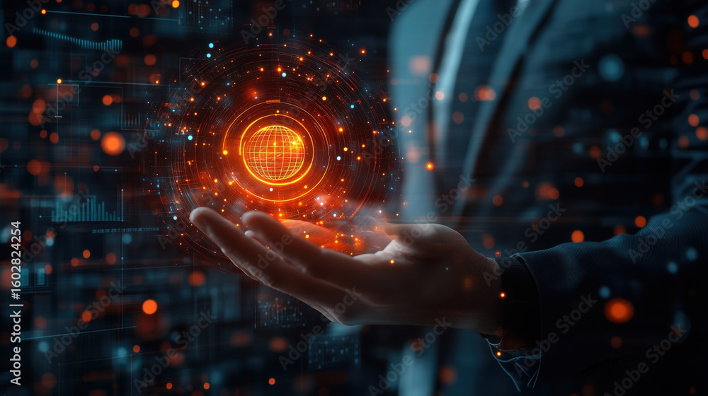 Fototapeta premium a confident businessman holding a glowing goal icon with futuristic business graphs in background