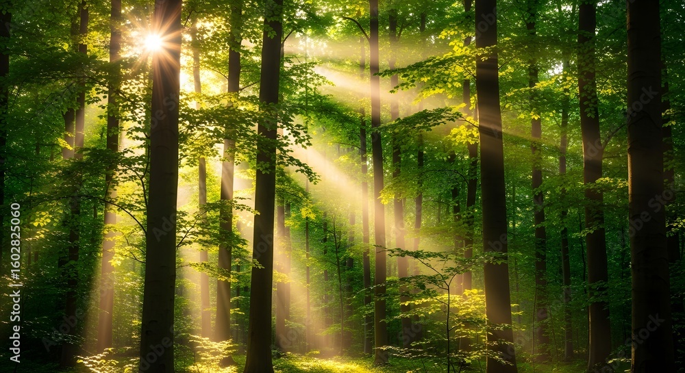 Naklejka premium Tranquil Nature Scene in a Lush Forest, Summer Vibes, Serene Atmosphere