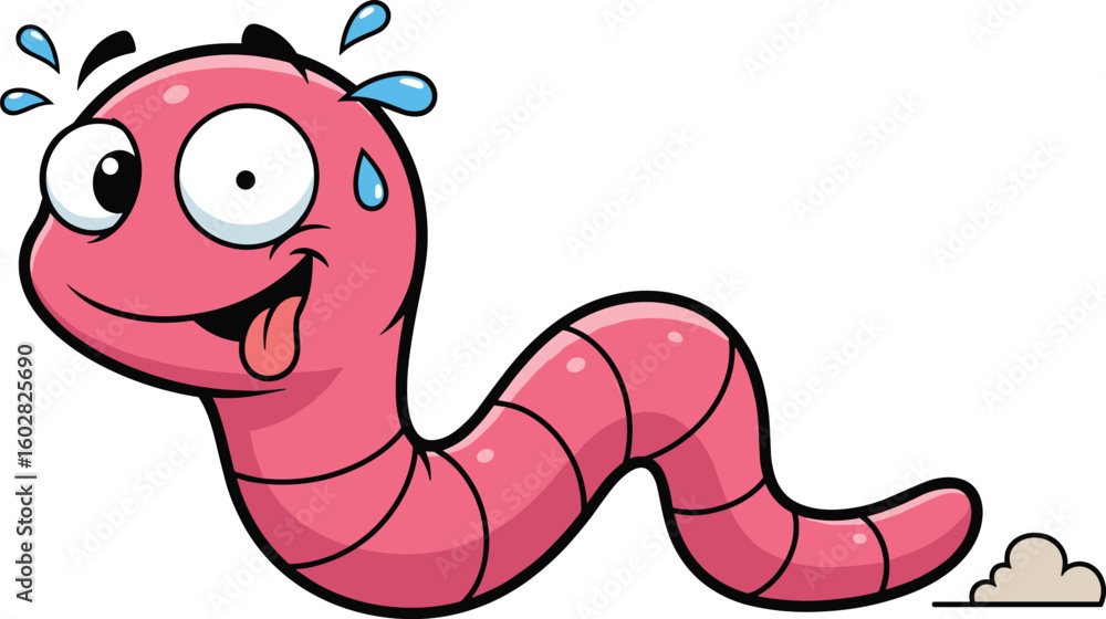 Naklejka premium Funny cartoon pink worm character sweating, comic bug illustration with silly face, soil background, vector mascot for kids animation project
