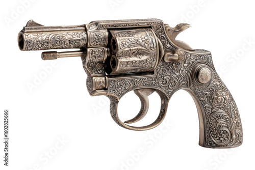 Close-up of antique silver revolver in decorative museum exhibit. Isolated on transparent background, png.