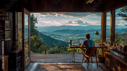 Remote work in scenic mountain retreat productivity and tranquility combined digital nomad lifestyle working from nature cabin workspace