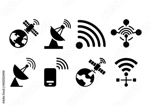 Collection of vector icons representing communication networks including satellites, towers, Wi-Fi signals, and mobile connectivity.