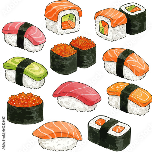 Delicious Japanese Sushi Set Isolated White