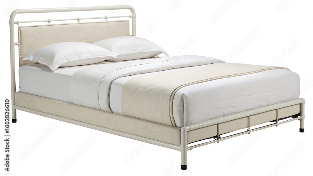 Fototapeta premium Elegant cream metal bed frame with plush upholstered headboard and crisp white linens.