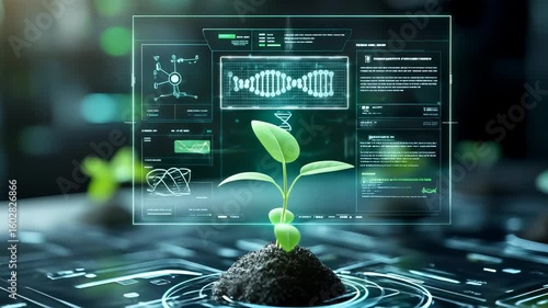 Futuristic plant biotechnology and genetic engineering in digital agriculture with young seedling in soil, holographic data interface, laboratory DNA analysis, innovation, and sustainability science