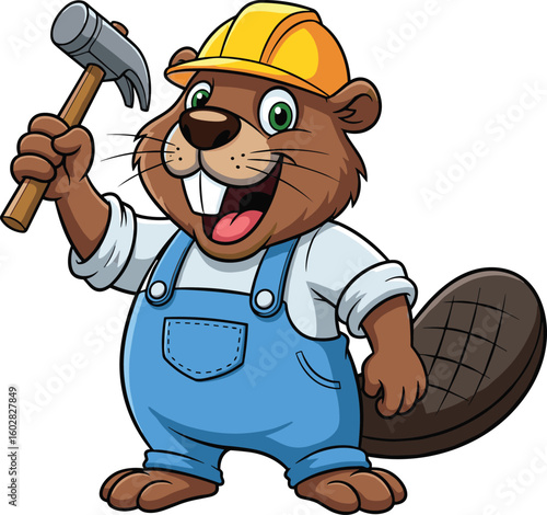 Cartoon beaver builder character wearing helmet and overalls, holding hammer, construction mascot illustration for kids, logo, design, or animation