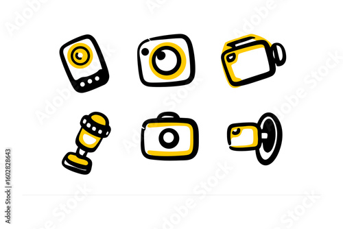 Hand drawn icons representing photography filmmaking audio recording and social media communication tools