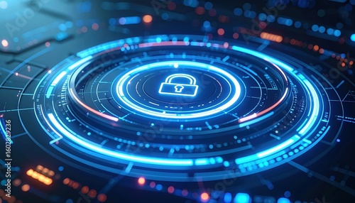 Wallpaper Mural futuristic digital security interface with glowing lock icon and circular data protection graphics in high-tech blue neon style Torontodigital.ca