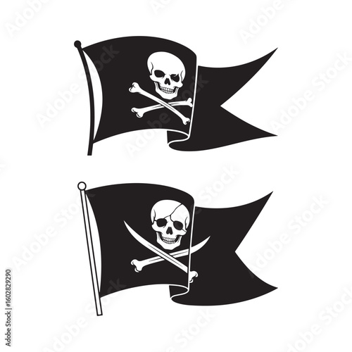 Two black and white pirate flags with classic skull and crossbones and skull and sabers designs, vector illustration.