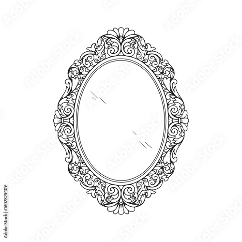 Vintage ornate oval mirror vector illustration with intricate baroque frame in black and white line art, elegant design element