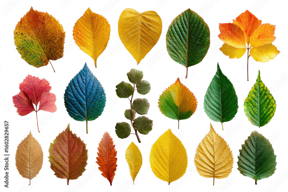 Fototapeta premium Colorful autumn leaves display nature botanical images outdoor. Isolated on transparent background, png.