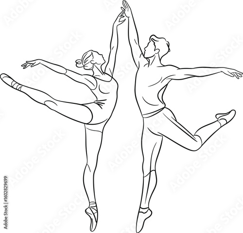 Two ballet dancers in a synchronized leap formation