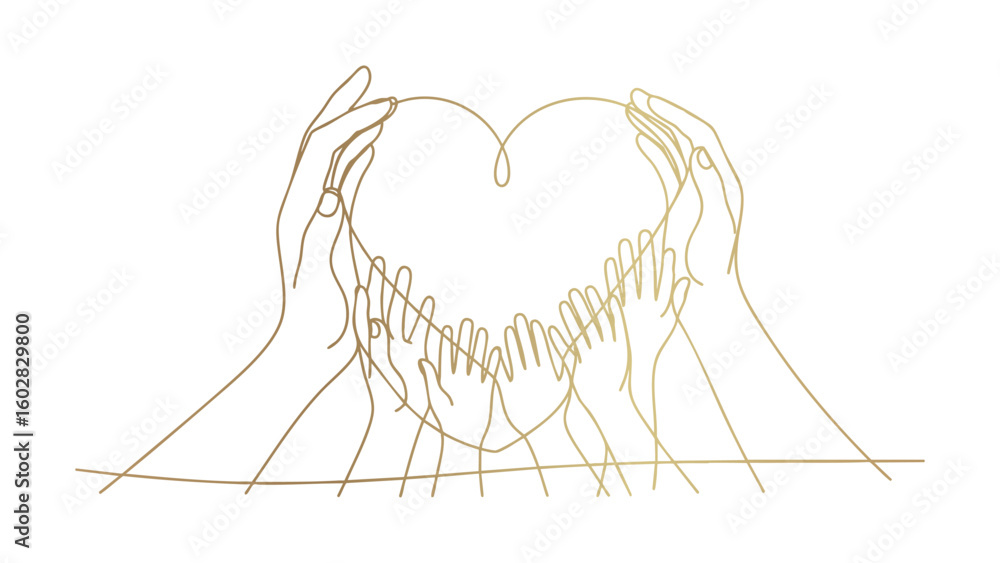 Fototapeta premium Heart and Hands Unity Line Drawing – Love and Community Support