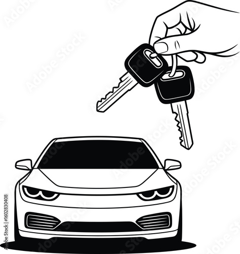 Hand holding car keys above a new car