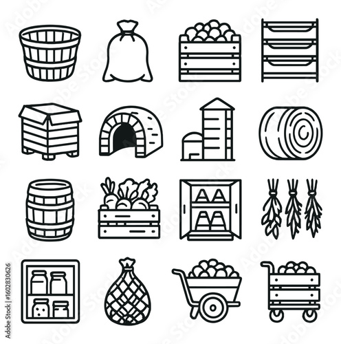 Harvest storage icon collection. simple storage solutions. basket, crate, barrel, rack, silo vector icons.