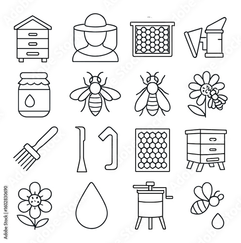 Beekeeping essentials icon collection. simple beehive, honey, bee, flower, smoker vector icons.