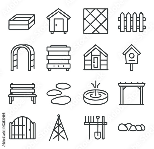 Garden structure icon collection. simple linear shed, fence, gazebo, pergola, bench vector icons.