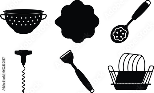 A comprehensive vector silhouette set of kitchen utensils, tools, and knives for cooking and food preparation, perfect for restaurant chef icons