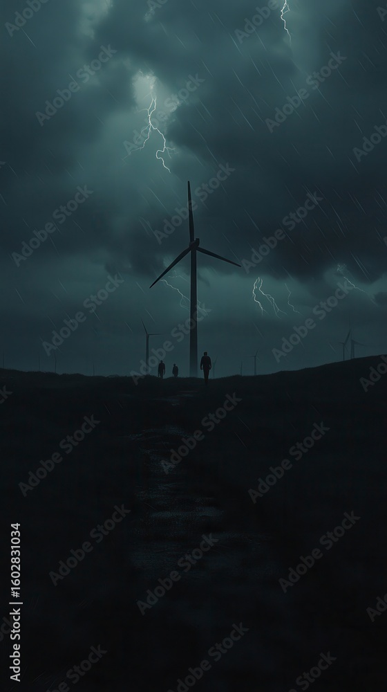 Obraz premium Dark Minimalist Sci-Fi Landscape with Wind Turbines and Stormy Sky