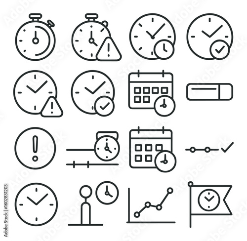 Deadline icon collection: simple linear time, clock, calendar, alert vector icons