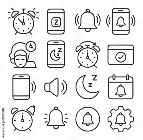 Alarm notification icon collection: simple linear set with clock, bell, sleep, calendar, sound vector icons