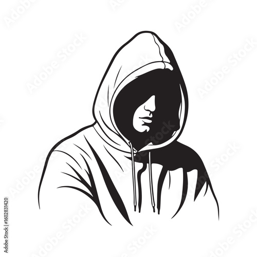 Mysterious person in a hooded sweatshirt, vector illustration in black and white, depicting anonymity and urban style.