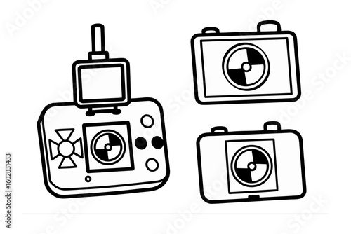 Handheld drone controller with screen and two aerial cameras featuring target reticles for precision aiming