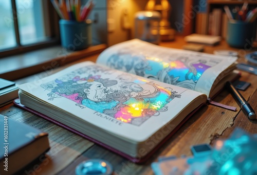 Wallpaper Mural A cozy workspace with an open coloring book, showcasing vibrant illustrations and colorful accessories, perfect for creativity and relaxation. Torontodigital.ca