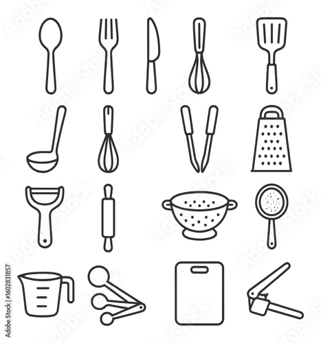 Kitchen utensil icon collection. cooking tools simple linear style. fork, knife, whisk, spatula, ladle, grater, colander vector icons.