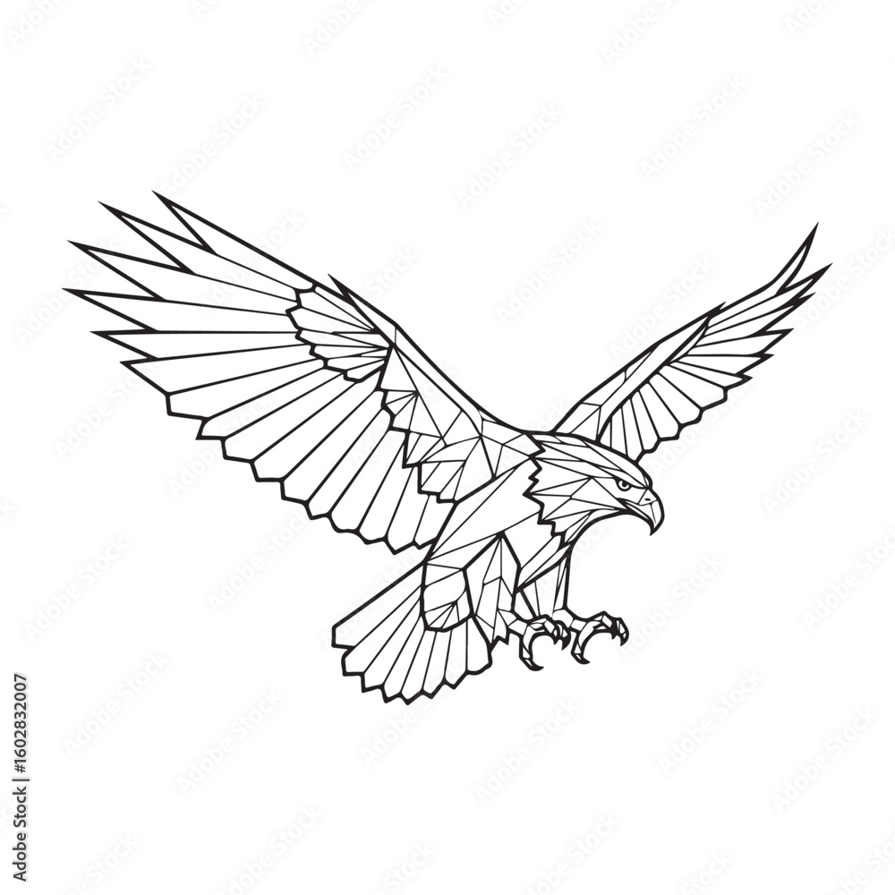 Obraz premium Geometric line art vector illustration of a soaring eagle on a white background, perfect for design elements.