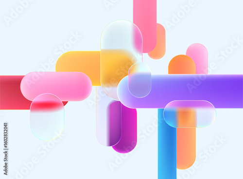Abstract composition of circles and rectangles in liquid glass style. Colored and glass geometric shape. Vector elements for  poster design.