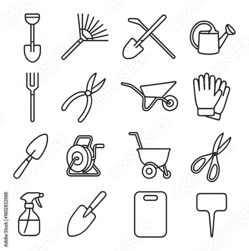 Garden tools icon collection. simple linear gardening tools: shovel, rake, gloves, watering can, wheelbarrow vector icons