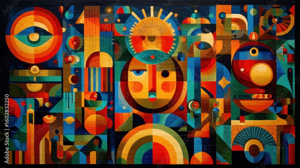 Fototapeta premium Colorful geometric mural with abstract faces and shapes.
