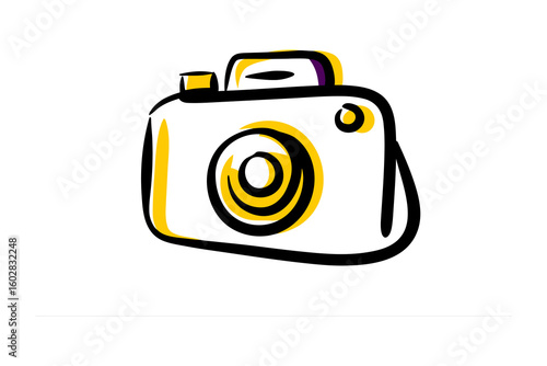 A hand drawn sketch of a vintage style camera with a simple lens and flash accent