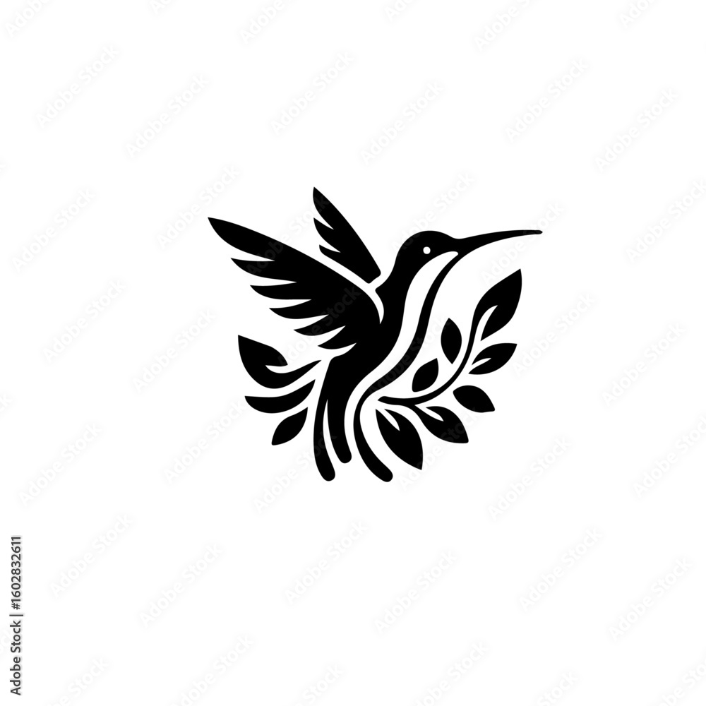 Obraz premium A stylized black hummingbird illustration with leaves on a white background