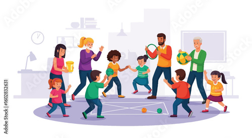 Happy siblings and multi-generational family playing fun indoor games, celebrating childhood, togetherness, and playful activities.