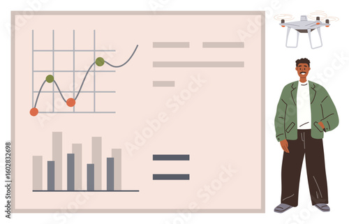 Man standing near analytic chart and graph with upward progress, accompanied by a drone. Ideal for business growth, innovation, strategy, analytics, technology, data insights, and entrepreneurship