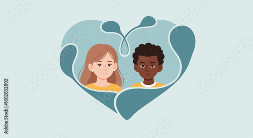 Diverse Siblings in Heart Illustration, Celebrating Family Love, Bond, and Unity for National Sibling Day.