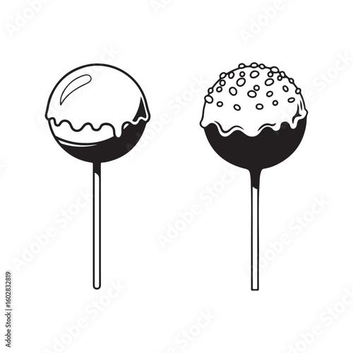 Black and white vector illustration of two cake pops, one with sprinkles, on a clean white background, sweet dessert graphic.
