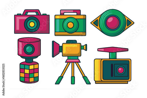 Retro style photography and videography equipment featuring cameras tripods and vintage gadgets in vibrant colors