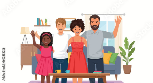 Joyful illustration of a diverse family, including happy siblings and parents, waving together in a cozy home setting, celebrating family bonds.