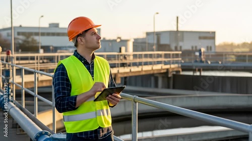Industrial worker safety vest helmet tablet outdoor water treatment plant engineer inspection professional technology monitoring infrastructure construction male adult day sunlight railing confident